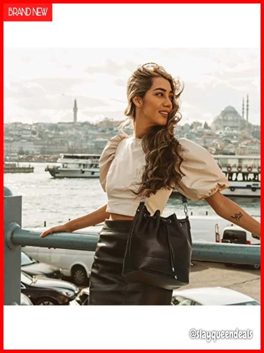 Vegan Leather Bucket Bag with Drawstring & 2 Straps Crossbody Hobo Tote for